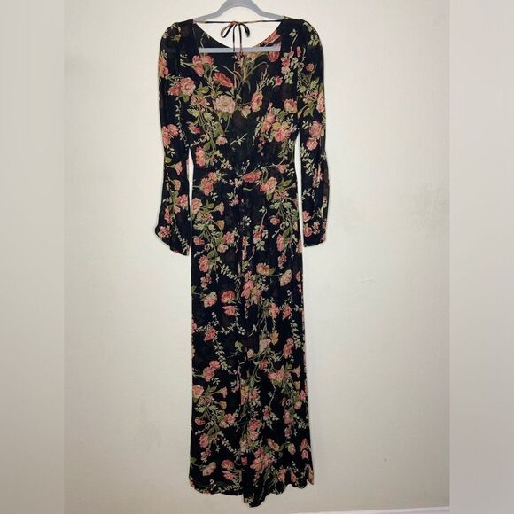 Reformation Sherwood Black Jumpsuit Floral Open Long Sleeve Flared Leg Size 2 - Picture 6 of 8